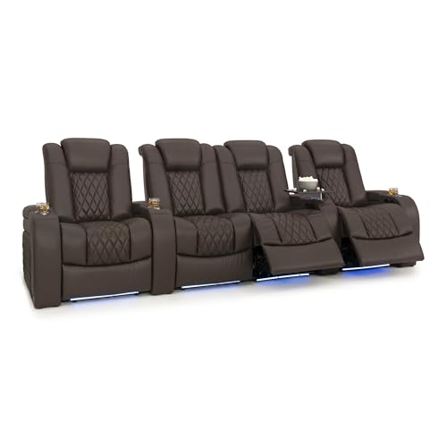Image of Seatcraft Diamante Brown Italian Leather Home Theater Seating, Zero Gravity Power Recliner Gaming and Home Office Chair, Powered Headrest Lounge Sofa Furniture Cinema Room, Row of 4 Middle Loveseats
