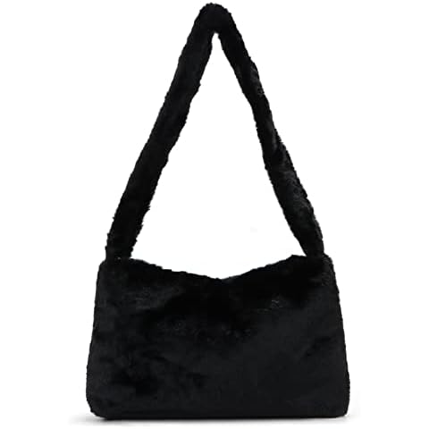 Fecialy Plush Shoulder Handbags Women's Fluffy Underarm Bag Soft Cute Top-Handle Bags for Autumn Winter, Black Cover