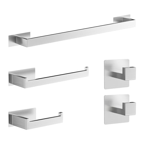 Self-Adhesive Bathroom Hardware Set 5 Pieces, Brushed Silver Stainless Steel