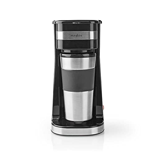 Nedis - Cafetière - Design en acier inoxydable - Tasse de voyage avec couvercle - Isolation double paroi - Fonction anti-goutte - 1 tasse à une fois - 0.4 L - Noir/argent