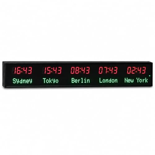 LED World Clock 5 Time Zones WiFi Auto-Sync Digital Wall Clock Multi Time Zone Office Clock with 3-Level Brightness Wide Viewing Angle Aluminum Housing for Offices Hotels & Conference Rooms