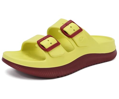 Image of ONCAI Womens Recovery Sandals 2026 with Arch Support Plantar Fasciitis Orthotic Adjustable Buckle Open Toe Thick Cushion Outdoor Sport Slides Athletic Comfort Rubber Soles Yellow/Wine Red Size UK 5
