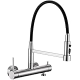 DETBOM Grifo Cocina de Pared con Conector de Lavavajillas 3/4, Grifo de Cocina Flexible con 3 Tipos de Chorro, Giratorio 360°, Caño Flexible, Acero Inoxidable, Altura Total 385 mm, Plata Cepillada