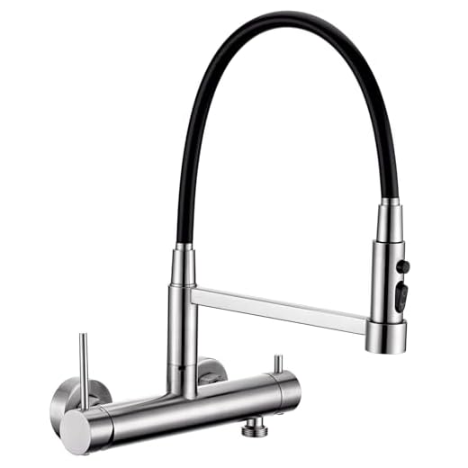 DETBOM Geborstelde keukenkraan, wandmontage, met 3/4 inch aansluiting voor vaatwasser/wasmachine, roestvrijstalen wandarmatuur voor keuken met 3 straalsoorten, keukenamatuur met flexibele uitloop