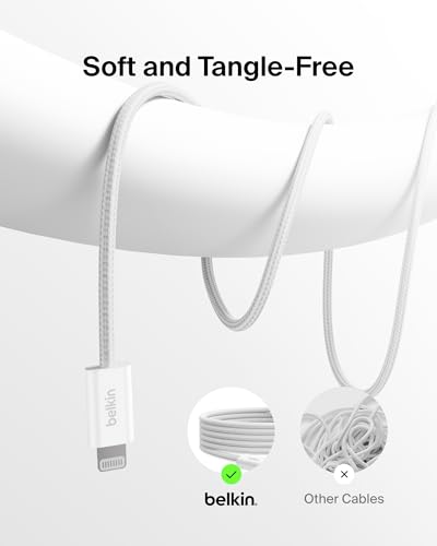 Image of Belkin Braided USB-C Cable w /Lightning Connector (6.6ft) - Soft, Flexible Fast-Charging Cable, Lightning Charger Cord for iPhone 14 & Earlier Series, iPad 9th Gen, & AirPods - White (USB 2.0)