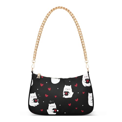 Clutch Shoulder Bags Tote Evening Purse Handbags for Women Cat Black Heart Hobo Bags with Zipper Closure