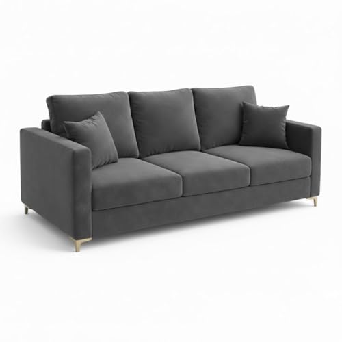 Image of Hayes Rich Velvet Suede 3 Seater Sofa | Golden Aesthetic Legs | Spacious Soft Touch Comfort Seating | Modern Luxe Sofa for Living Room (Dark Gray)