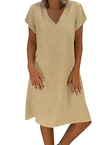 Shallood Damen Leinenkleid A-Linie Baumwolle V-Ausschnitt Sommerkleid Leinen Kurzarm Midi Freizeitkleid Strandkleid Einfarbig T-Shirt Kleider Knielang...