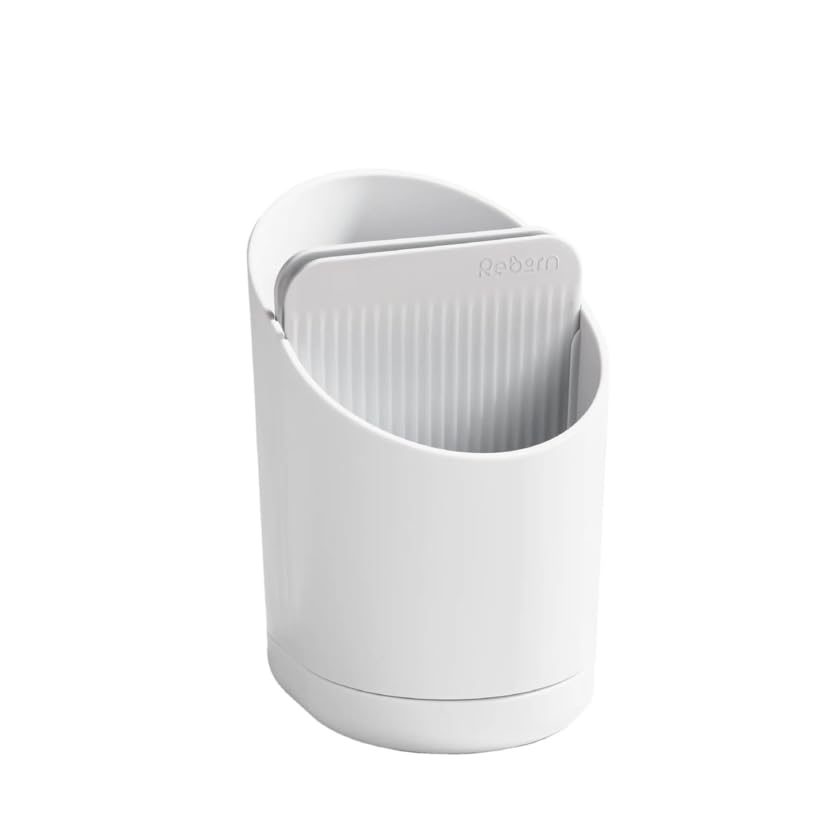 ReBorn - Recycled Cutlery Drainer - Kitchen Sink Storage & Drying Rack - Knife Safety Slot - Tiers to Separate Cutlery - Integrated Draining Saucer - Made in Britain (Stone)