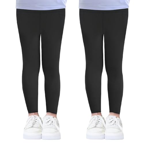 Vicloon Malla Deportiva para Niñas, 2 Piezas Leggings para Niña Tela de Algodón, Pantalones Suaves y Cómodos para Niños con Bolsillo, para Niños Baile Escolar Polainas de Las niñas, Tallas 150cm