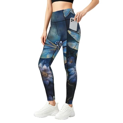 Leggings con estampado de libélula azul para mujer y conjunto de fitness con bolsillos