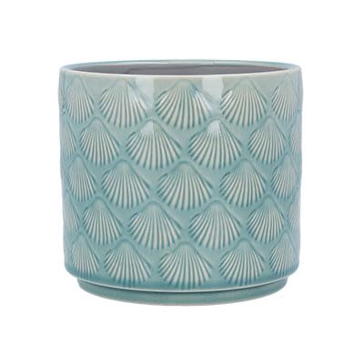 Gisela Graham Stoneware Plant Pot Cover, Blue Sea Shells, 15cm x 17cm, Glazed