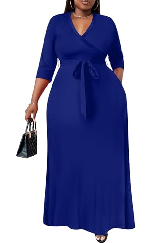 Image of Nmoder Plus Size Maxi Dress for Women - Summer Casual 3 /4 Sleeve Floral Flowy Long Dress with Belt XL- 6XL
