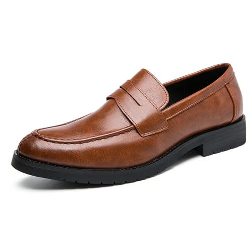 Men's Round Toe Chunky Leather Casual Loafers, Fashionable Slip-On Convex Non-Slip Retro Formal Penny Loafers