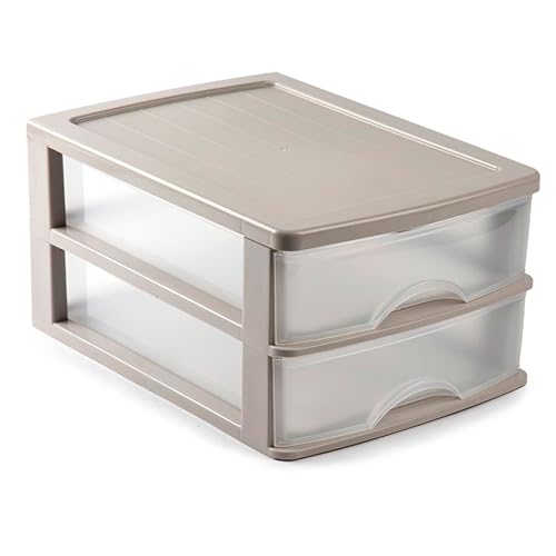 Tradineur - Cajonera de sobremesa - Fabricado en España - 2 Cajones Transparentes - Torre de almacenaje, armario, baño, oficina - 18 x 27 x 35,5 cm - Color Marrón