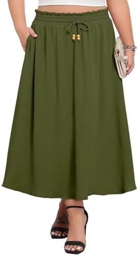 Lastshe Plus Size Maxi Skirts for Women Summer Boho Pleated Elastic High Waist A-line Long Skirt with Pockets
