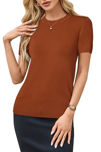 Image of Arach&Cloz Women's Lightweight Wool Blend Short Sleeve Sweater Top Business Casual