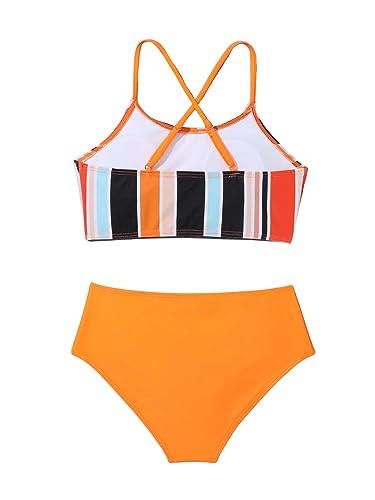 SweatyRocks Girl's 2 Piece Bathing Suits Striped Print Spaghetti Strap Criss Cross Bikini Set High Waist Swimsuit2