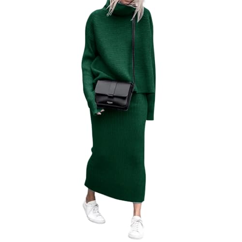 Image of chouyatou Women's Turtleneck 2 Piece Outfits Ribbed Knit Sweater Midi Pencil Skirt Set
