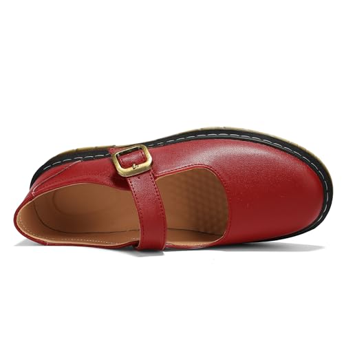 Image of Women's Mary Jane Flat Shoes Comfort Platform Buckle Ankle Strap Flats Breathable Slip On Lightweight Office Work Shoes Burgundy,8 US