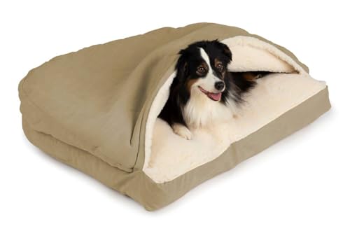 Image of Snoozer Rectangle Cozy Cave Dog Bed, Hooded Dog Bed, Khaki (M)
