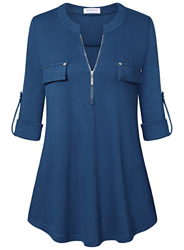 Image of Bulotus Womens 3 /4 Sleeve Tops Plus Size V Neck Zipper Business Casual Blouses for Office & Going Out Soft Knit Tunics, M-3XL