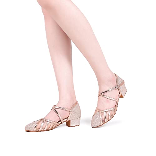 Lutiwrm Low Heel Ballroom Dance Shoes Women Latin Salsa Wedding Practice Dancing Shoes Sparkle Comfortable Closed Toe Dance Heels 1.5Inch (8,Champagne) #TOP4
