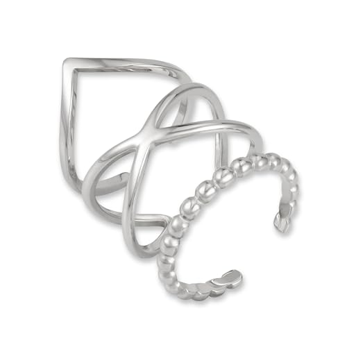GD GOOD.designs Ringe Set Silber für Damen aus Edelstahl - Verstellbar und wasserfest - 3-teilige silberne Stapelringe | Inkl. Geschenkbox