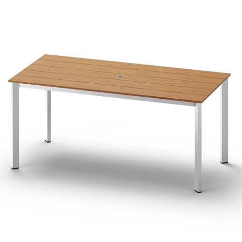 ComfCove Outdoor Dining Table, Aluminum Patio HDPS Outdooor Table with Umbrella Hole, All Weather Patio Furniture Set, Patio Dining Table (White & Teak)
