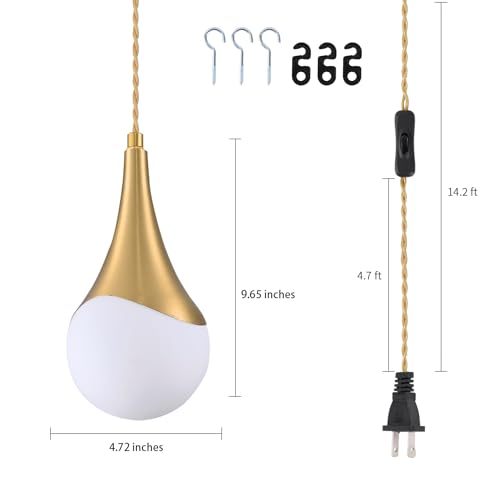 Image of MWZ Gold Plug in Pendant Light,Hanging Lights with Plug in Cord On /Off Switch, Mini Brass Pendant Lights for Kitchen Island,1-Light Modern Raindrop Chandelier Lamps with Milky White Globe Glass Shade