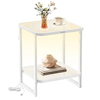 VASAGLE End Table, 2-Tier Side Table with LED Lights, Modern Nightstand, Square Bedside Table, Frosted Glass, Bottom Shelf, for Bedroom, Cloud White and Pearl White ULET232W01