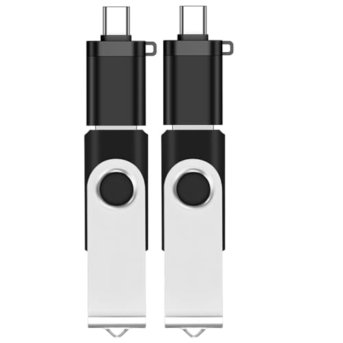 Image of 2-Pack of 32GB USB 2.0 FAT32 Flash Drive with 2 Type-C Adapters & Keychains | EASTBULL High Speed 32 GB Thumb Drives 360 Rotatable Swivel USB Drives (Black)