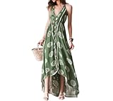 Women's Floral Backless Strapless Maxi Dress | Sexy High-Low Bohemian Beach Dress with Tassel for Vacation (Green,Small)