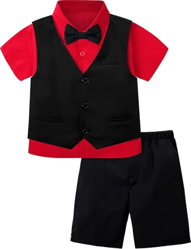 Image of A&J DESIGN Boys Short Suit Set 3 Pieces Kids Formal Gentleman Outfit, 4-11 Years, Shirt + Vest + Shorts + Bow Tie