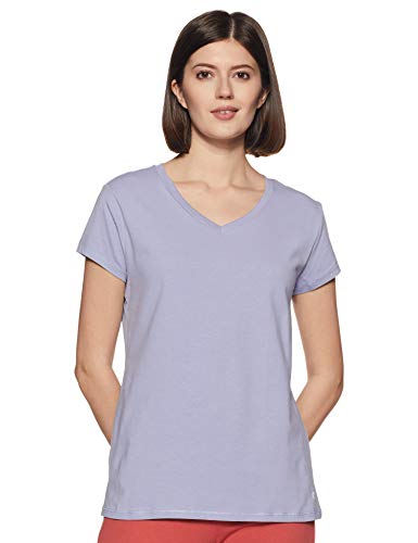 Image of Enamor Short Sleeve Regular Length Pull On Basic V Neck T-Shirt for Women - Slim Fit, Soft and Breathable Stretch Cotton - E067