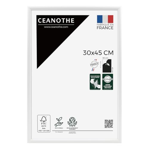 Ceanothe Cadre Photo 30x45 cm en Bois Blanc, pour Exposition et Idéal pour Photos Mariage A4, Collection Essentiel Verre Acrylique Incassable Fabriqué en France