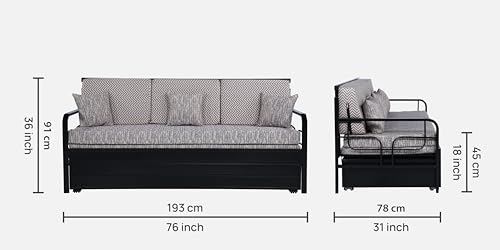 Image of 3 Seater Metal Sofa Cum Bed with Hydraulic Storage | Comfortable Sofa Set for, Living Room, Bedroom, Guest Room| Queen Size Convertible Sofa with Cushion |Queen Size (Multi Grey & Black)