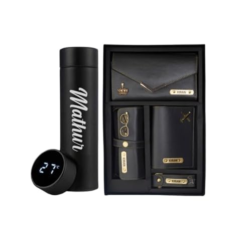 The Custom Hub Customised Women's Gift Set Combo | Clutch, Keychain, Specs Case, Passport Cover & Temperature Bottle | Personalized Tan Gift Set for Women | Black