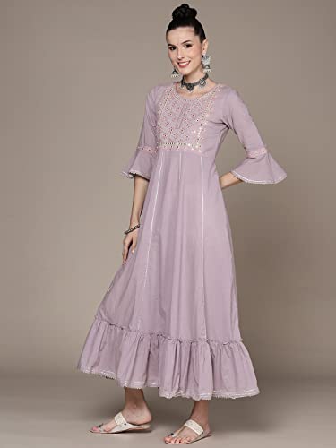 Image of anubhutee Women's Maxi Cotton Lavender Mirror Work Embroidered A-Line Indo Western Dress