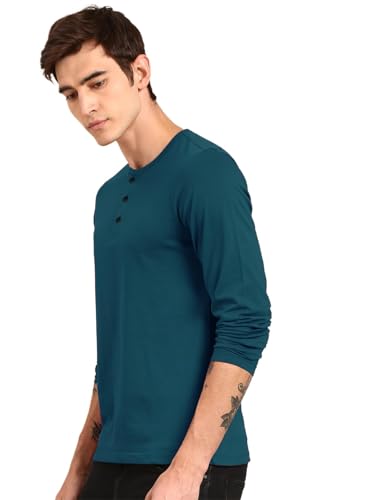 Image of LAZYCHUNKS Regular Fit Solid Super Combed Cotton Rich Henley Neck Full Sleeve Men's T-Shirt