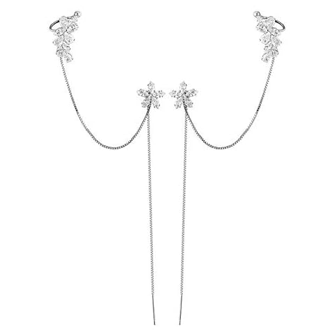 Flowers Cubic Zirconia Post Stud Earrings Ear Cuffs Wrap Chain for Women Girls Dangle Climber Crawler Threader Tassel Cartilage Drop Sparkly Hanging Dainty Piercing Personalized Fashion Jewelry Cover