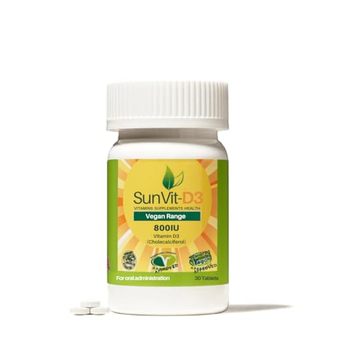 Sunvit-D3 Vegan Vitamin D Tablets 800 IU - Vegan Lichen D3 Vitamins Keep Teeth & Bones Strong - Supports Muscle Healthy Boost Immune System - 30 Vitamin D3 Tablets