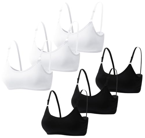 Herepai Big Girls' Adjustable Training Bra Cotton Bras Wireless Light Padded 10-16 Years (White x3,Black x3)
