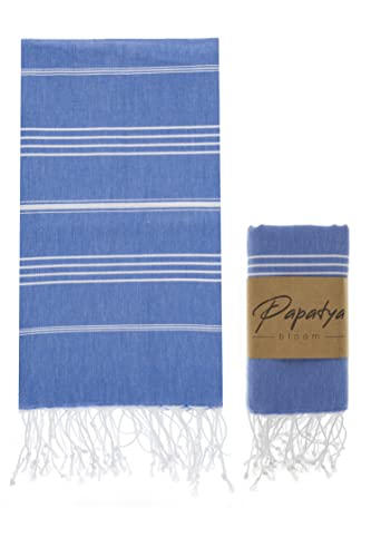 PAPATYA BLOOM Toalla de playa turca, bañera, algodón turco, de secado rápido, ligera, suave, grande, peshtemal para playa, baño, piscina, spa, yoga, picnic, manta de 39 x 71 pulgadas, azul