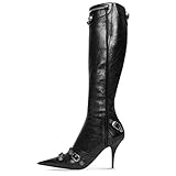 Vertundy Women's Knee High Boots - Pointed Toe Stiletto Heel Zipper Long Boot Rivet Slim Tassel Dres