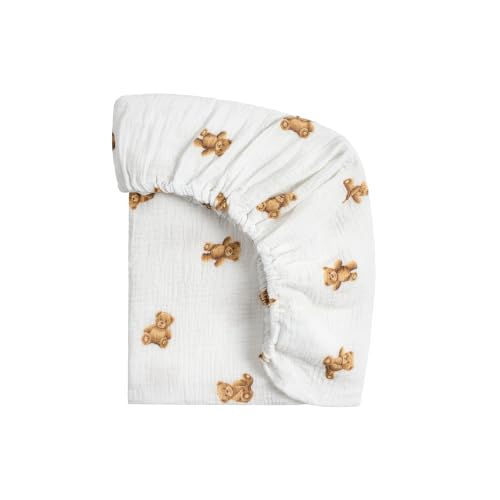 Image of Meracorallo Muslin Pack and Play Fitted Sheet, 100% Cotton, Bear
