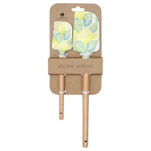 Boston International Set of 2 Spatulas Decorative Silicone and Beechwood Spatulas, Large 12.75"/Small 9", Lemon Verena