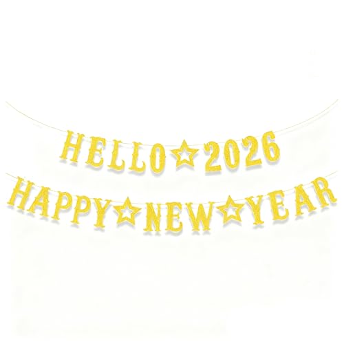 Silvester Deko 2026 Banner, Hello 2026 Happy New Year Gold Schriftzug Banner, Neujahr Deko Hängende Girlande für Silvester Weihnachtsfeier Home Bar Outdoor Party Dekorationen