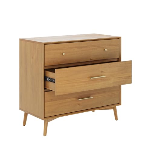 Image of Nathan James Harper Mid Century Modern Dresser, Solid Wood Dresser for Living Room with 3 Drawers and Metal Drawer Pulls, Light Acacia