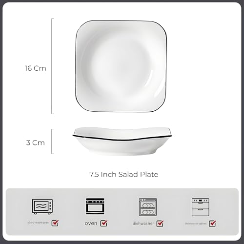 Image of 7.5 Inch Modern White Ceramic Square Serving Plate, Elegant Porcelain Dessert & Salad Plate with Minimalist Black Rim, Stackable Nordic Style Dishware for Appetizer, Fruit, and Sushi (Set of 4)